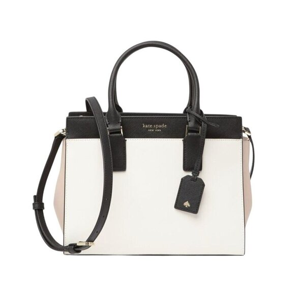 Kate Spade Cameron Medium Satchel Shoulder Tote Bag White Beige Black Leather - Picture 1 of 8